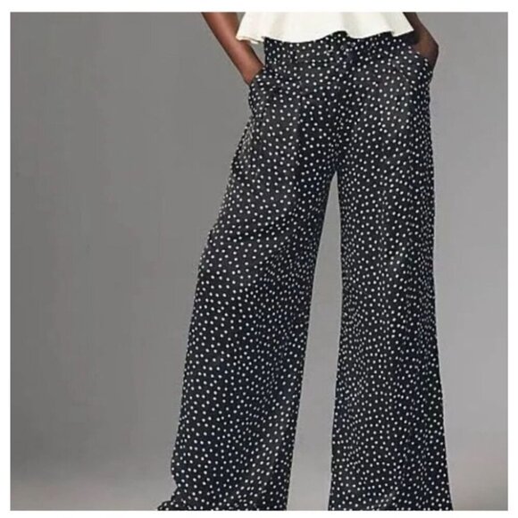 Anthropologie Polka Dot Black High Rise Wide Leg Pants Women's Sz 0 - Picture 1 of 11